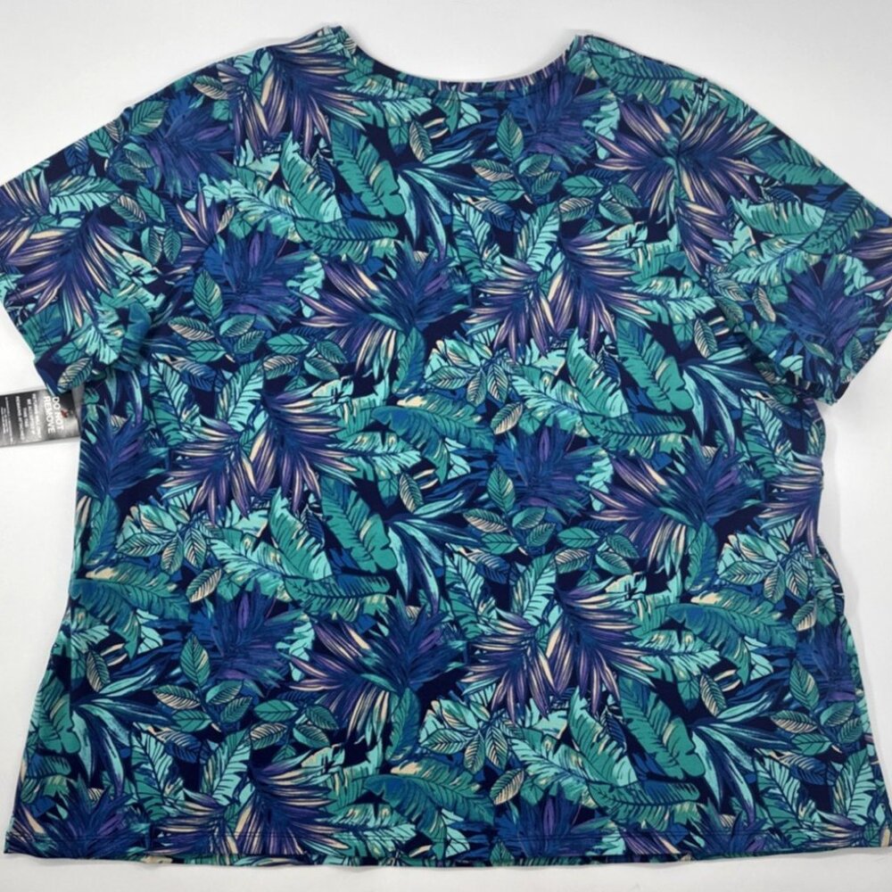 Catherines Suprema Tropical T Shirt Women's 2X Short Sleeve Blue V Neck NEW - Picture 2 of 11